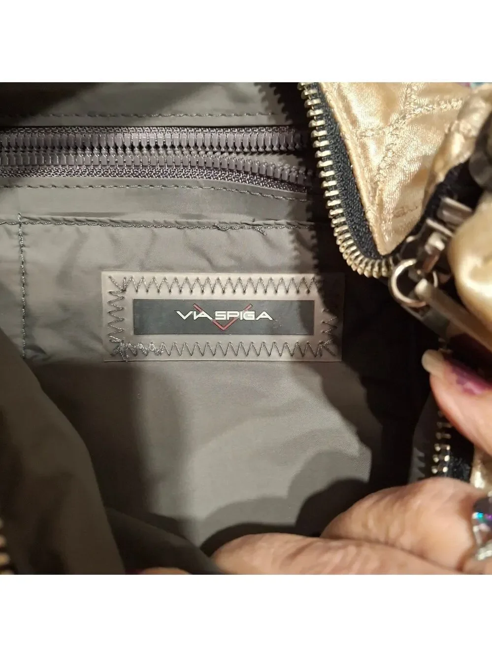 Via Spiga Gold Quilted Satin Shoulder  Bag Black Leather Strap